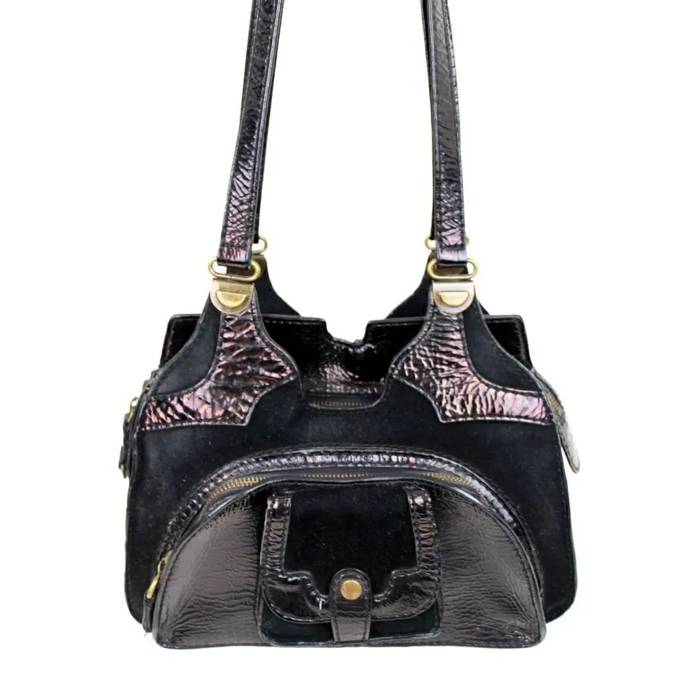 BICA CHEIA BLACK CRINKLED GENUINE LEATHER SUEDE TOTE SHOULDER BAG HANDBAG PURSE - Picture 5 of 10